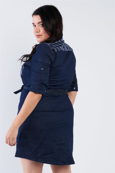Plus Size Denim Blue Plaid Stripe Trim Front Button Jean Mini Dress
