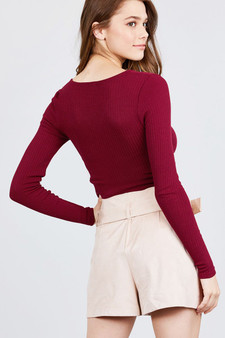 Long Sleeve Surplice Neck Line Button Detail Rib Knit Top