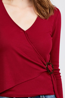Long Sleeve Deep V-neck Side Buckle Detail Rib Knit Top