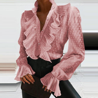 Pink V-Neck Print Ruffle Blouse