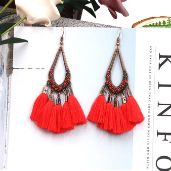European and American creative drop-shaped tassel earrings inlaid with rice beads long section cotton earrings