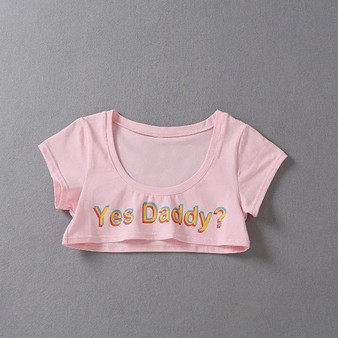 Summer Yes Daddy Letter Print T Shirt Women Sexy Crop Tops Short Sleeve O-Neck Cropped Shirts