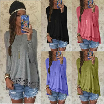 Lace Patchwork Long Sleeves Casual Loose Scoop T-shirt