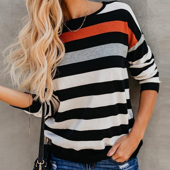 Round Neck Stripe Splice Loose T-Shirt