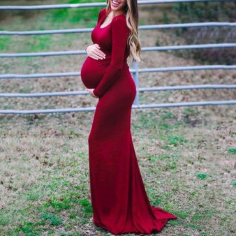 Maternity Solid Color Long Sleeve Elegant Dress