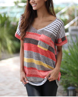 V-neck striped pocket top women's t-shirt