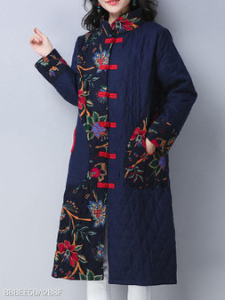 Band Collar Patchwork Floral Coat