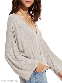 V Neck Loose Fitting Plain Lantern Sleeve Long Sleeve T-Shirts