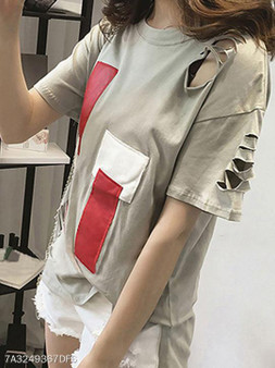 Summer Polyester Women Round Neck Color Block Hollow Out Short Sleeve T-Shirts