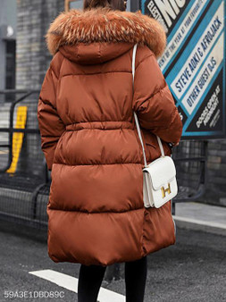 Hooded Drawstring Fur Collar Plain Coat