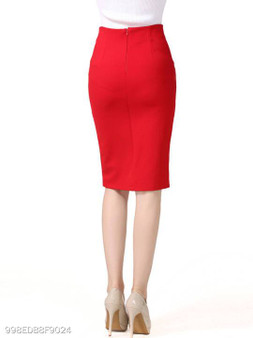 Slit Decorative Button Plain Pencil Midi Skirt