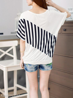 Round Neck Letters Vertical Striped Batwing Sleeve T-Shirt