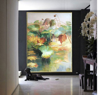 Hand Painted Landscape Oil Painting Large Modern Flower in the Pond Home Decorative Lotus Pond Handmade Lotus Painting Artwork