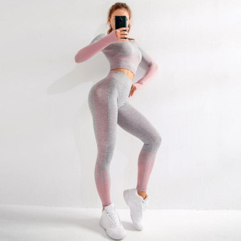 Seamless Women Yoga Set Long Sleeve Top High Waist Belly Control Sport Leggings Gym Clothes Seamless Fitness Stripe Suit Femme