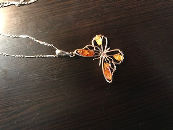 Sterling Silver Amber Butterfly Pendant 20" Bar Link Necklace