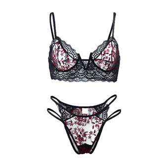 Red Detail Embroidered Black Bra Set