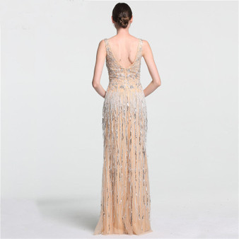 Lovely Deep-V Mermaid Gold Tulle Beaded Sequined Luxury Evening Gown