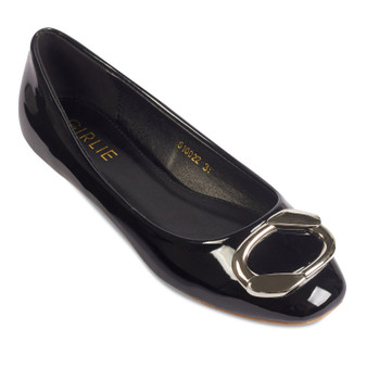 Ballerina Flats Glossy Patent Leather Buckle Silver Details Black.