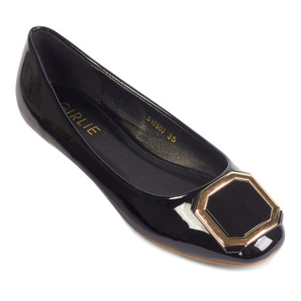 Ballerina Flats Glossy Patent Leather Buckle Gold Details Black.