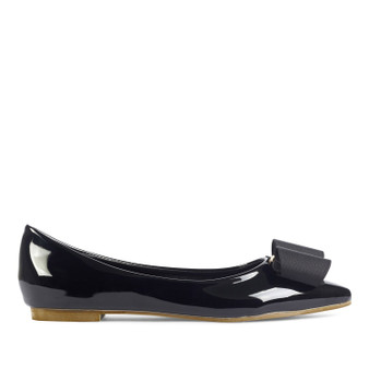 Ballerina Flats Glossy Patent Synthetic Leather Bow Gold Details Black.