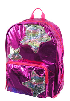Girls' 16" Pink Metallic Foil Backpack w/ Reversible 2-Way Flip Sequin Multicolor Stars School Bag