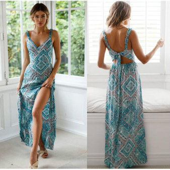 Bohemian Floral Print Backless Long Casual Dress