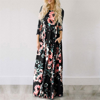 Women's Long Floral Print Boho Maxi Beach Dress
