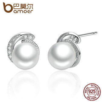 BAMOER Pearl Earrings Jewelry 925 Sterling Silver White Pearl Push-back Stud Earrings For Women Fashion Jewelry SCE021
