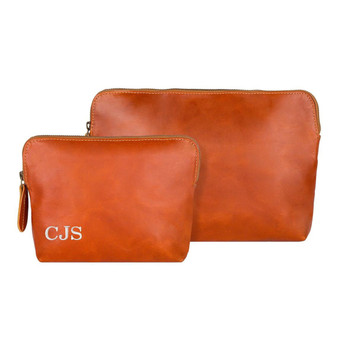 Personalized Large Tan Leather Cosmetics Bag