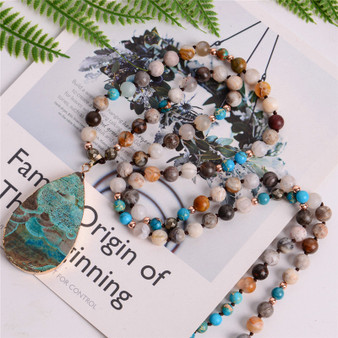 Women's Fashion Handmade Boho Necklace Mix Natural Stones Big Teardrop Pendant Necklace Lariat Beads Knotted Bohemia Necklace