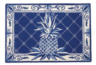 Deep Blue Pineapple Wool Hooked Rug 27x40”