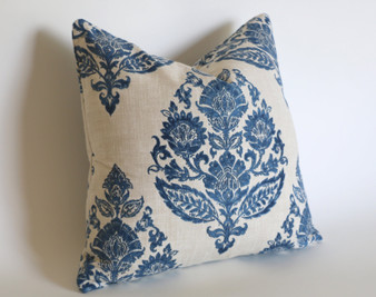 Antique Blue Damask Pillow Cover / Blue Beige Floral Cushion / Damask Pillow Cover / French Country Pillow Cover / Block Print Pillow Cover