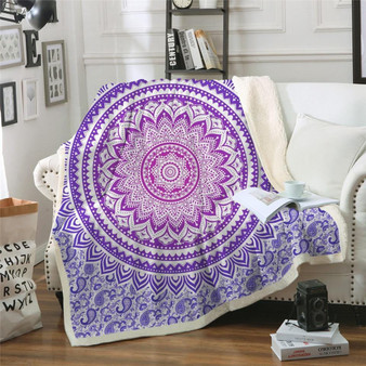 Boho Purple Mandala Plush Sherpa Fluffy Fleece Throw Blanket