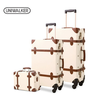 3PCS/SET Vintage PU Travel Luggage,12"make-up bag & 20" 26" Retro Trolley Suitcase Bags With Spinner Wheel With Combination Lock