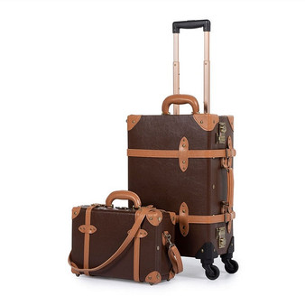 COTRUNKAGE Mens TSA Lock Vintage Carry On Suitcase Brown Pu Leather Rolling Trunk Womens Luggage Set 2 Piece with Cosmetic Case