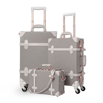 COTRUNKAGE 13" 20" 26" Grey Travel Suitcase Sets Ladies Pu Leather 3 Piece Womens TSA Vintage Trolley Luggage Trunk with Wheels