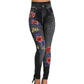 Laamei Fashion Slim Women Leggings Floral Print Pencil Faux Denim Jeans Leggings Casual Women Clothing Plus Size Pencil Pants