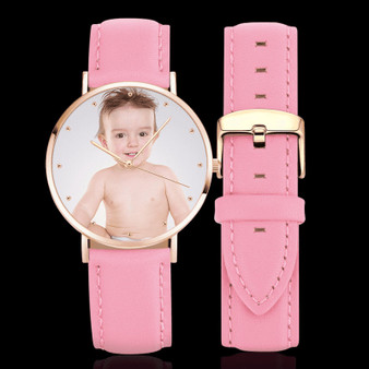 Women's Engraved Photo Watch Black Leather Strap