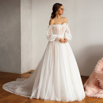 Wedding Dresses  Off shoulder Puffy Sleeve Dot Tulle