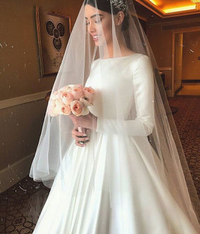 Satin Simple Wedding Dresses Long Sleeves Muslim Wedding Gowns Bride Dresses