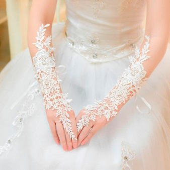 Fashion Long Wedding Gloves Lace Appliques Luxury Rhinestone Bridal Gloves