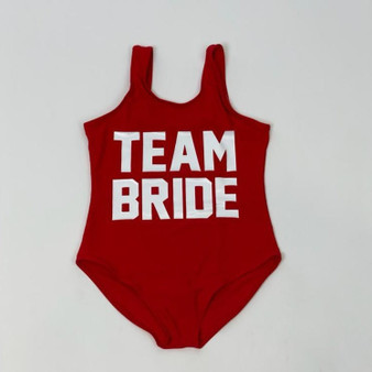 Sample Sale - Kids Red Swimsuit, "Team Bride" in White Glitter, Size: 8Y