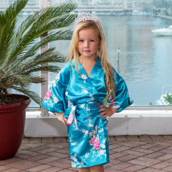 Sample Sale - Kids Satin Floral Turquoise Robes, "Flower Girl" in White Glitter, Size: 8Y