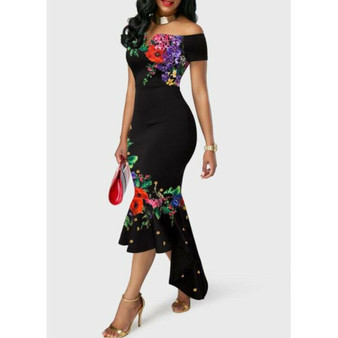 Women Off Shoulder Strap Elegant Bodycon White Black Roses Floral Dress