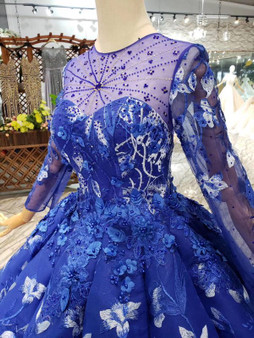 Elegant Round Neck Ball Gown with Beading Blue Prom Dress D203
