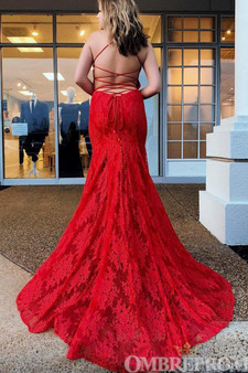 Stunning Spaghetti Straps V Neck Backless Lace Long Prom Dress D177