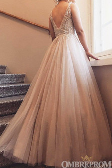 Gorgeous V Neck Prom Dress with Beading Tull Ball Gown D138