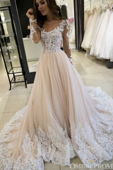 Delicate Long Sleeves A Line Lace Wedding Dress with Appliques W664