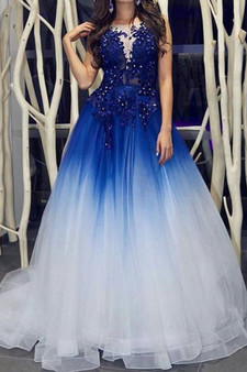 Cheap Round Neck Tulle Ombre Prom Dresses Sleeveless with Lace Appliques P942
