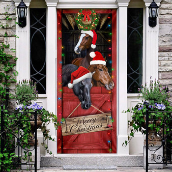 Horse Merry Christmas Red Wooden Printed Door Cover